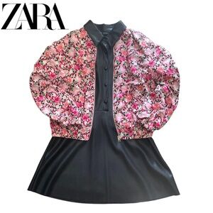 Zara Women's Black and Pink Floral Bomber Jacket